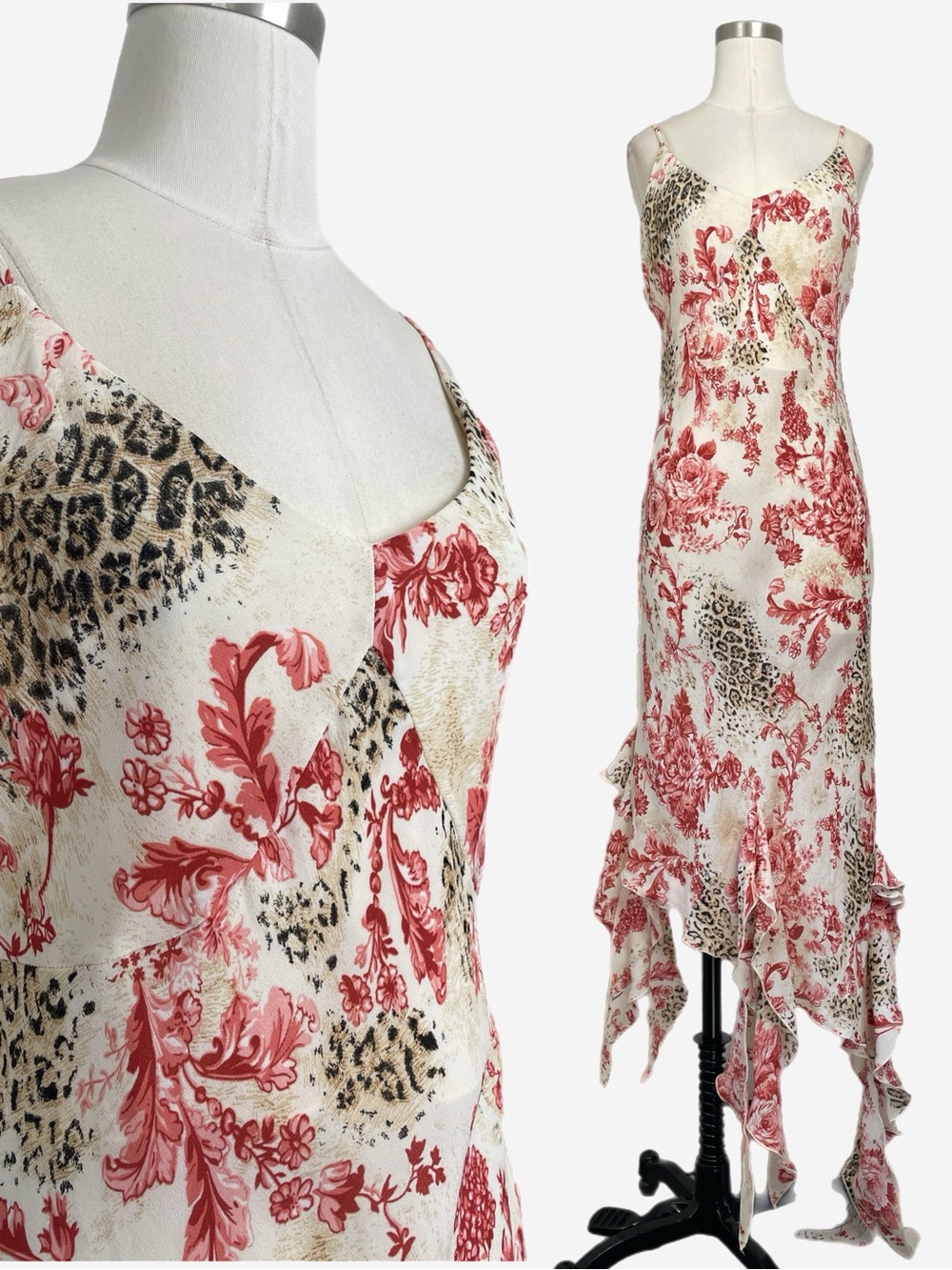 Vintage Y2K Borcellini Red floral leopard asymmetric ruffle hem slip dress XS/S